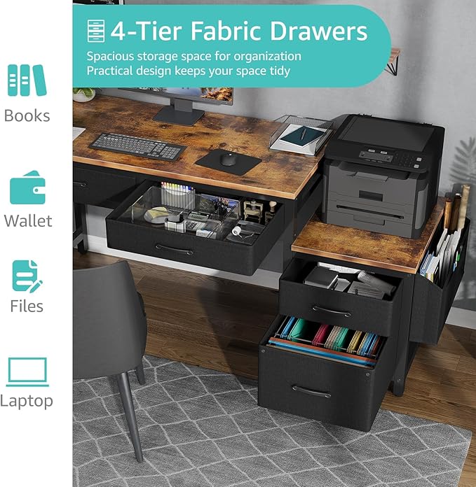 Lufeiya Computer Desk with Fabric File Drawers Cabinet, 57 Inch Home Office Desks with Filing Cabinet Printer Stand for Small Space, Study Writing Table PC Gaming Desks for Bedroom, Brown Black