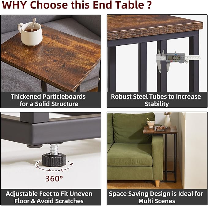 Side Table Small End Table C Shaped, Slide Under Laptop Desk for Couch, Living Room Side Table, TV Trays for Eating on Couch, Rustic Brown+Black YD-TM051HB