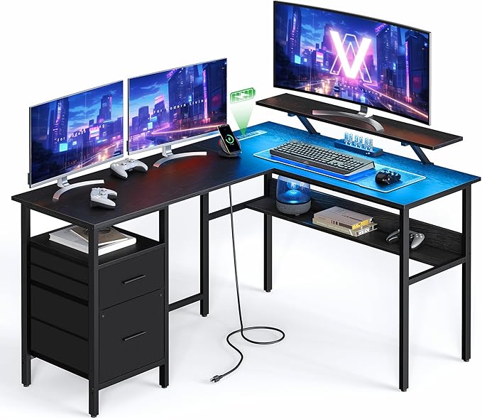 VASAGLE L-Shaped Desk with Power Outlets, Computer Desk with Monitor Stand, Corner Desk, Gaming Desk with LED Lights, 2 Drawers, Easy to Assemble, for Home Office, Ebony Black ULWD095B56