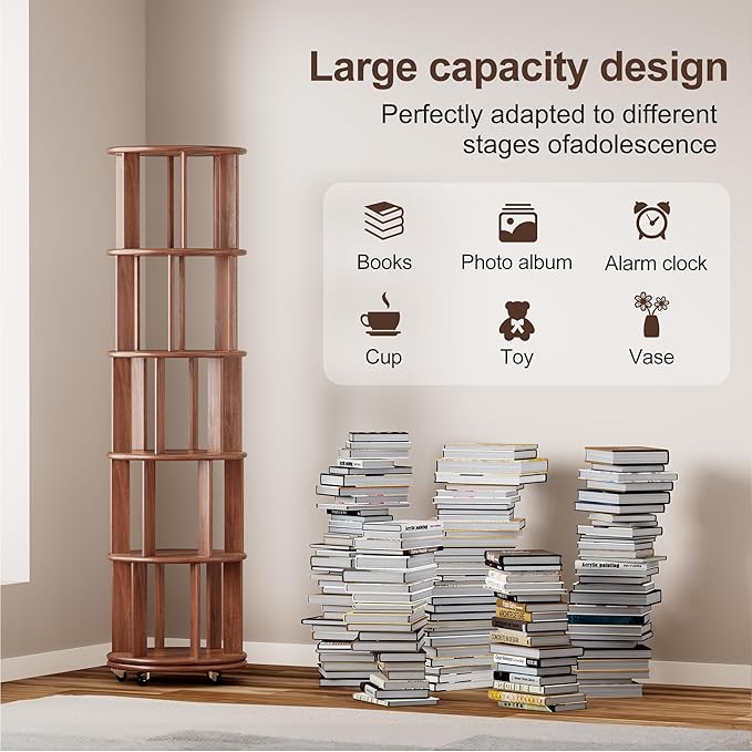 KEIKI 5 Tier Rotating Bookshelf on Wheels, Solid Wood Revolving Bookcase with Storage, 360° Spinning Tall Book Organizer for Small Space, Bedroom, Living Room, Walnut