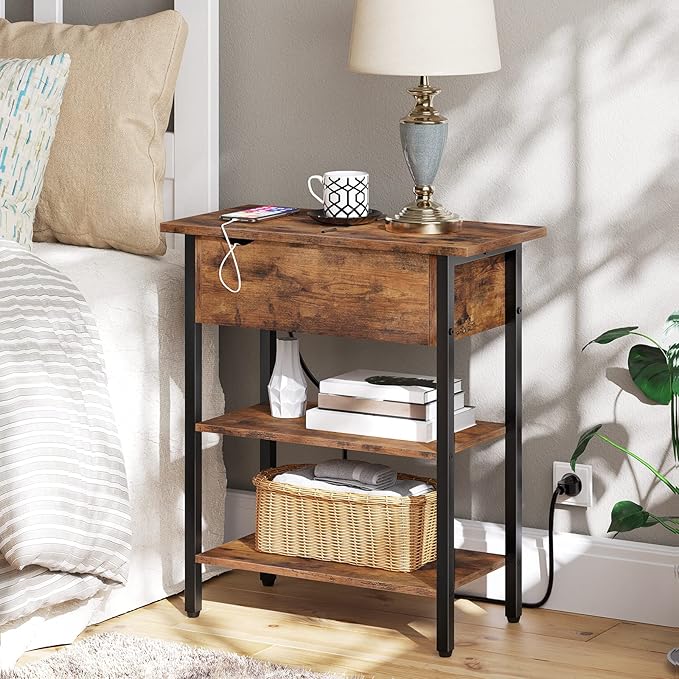 HOOBRO Set of 2 End Tables, Side Table with Charging Station, Flip Top Nightstand with USB Ports and Outlets, Bedside Tables with Shelf for Small Spaces, Living Room, Bedroom, Rustic Brown BF341BZP201
