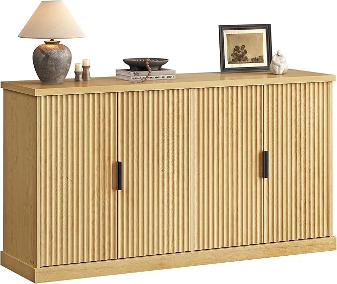 VASAGLE MAXE Collection - Buffet Cabinet, Console Cabinet, Sideboard with Adjustable Shelves, Fluted Doors, Transitional, Kitchen Pantry, Oak Beige UBBK382Y01S