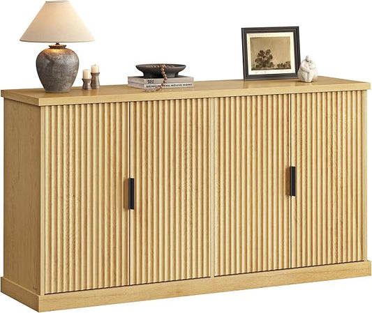 VASAGLE MAXE Collection - Buffet Cabinet, Console Cabinet, Sideboard with Adjustable Shelves, Fluted Doors, Transitional, Kitchen Pantry, Oak Beige UBBK382Y01S