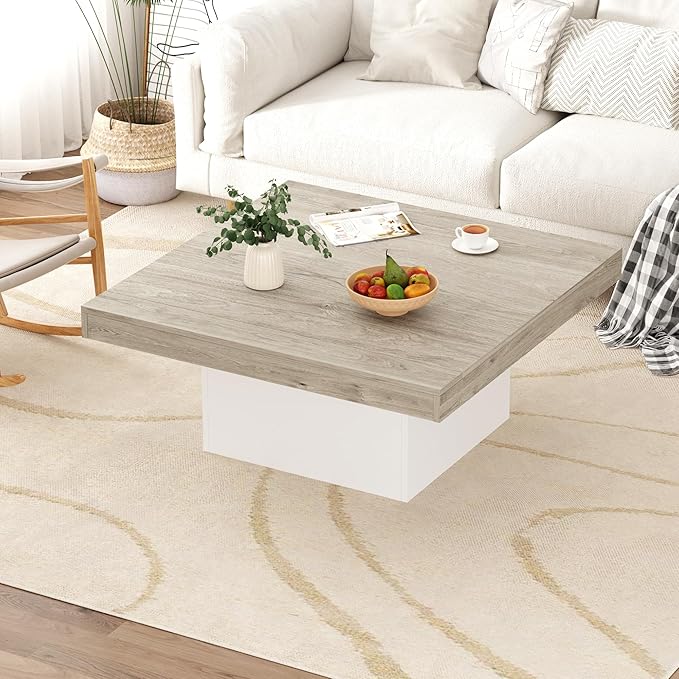 GarveeHome Square Coffee Table with Led Lights, 35 inch Living Room Tables, Modern Coffee Tables with Plug-in 16-Color LED Lights, Cocktail Table for Home Office, Apartment, Reading Room