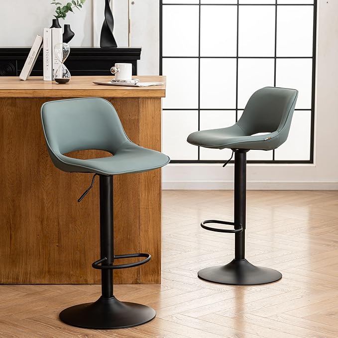 YOUNIKE Bar Stools Set of 2 Modern Swivel Barstools, Adjustable Counter Height Bar Stools Faux Leather Upholstered Counter Stools with Hollow Back for Kitchen Island, Greyish Green