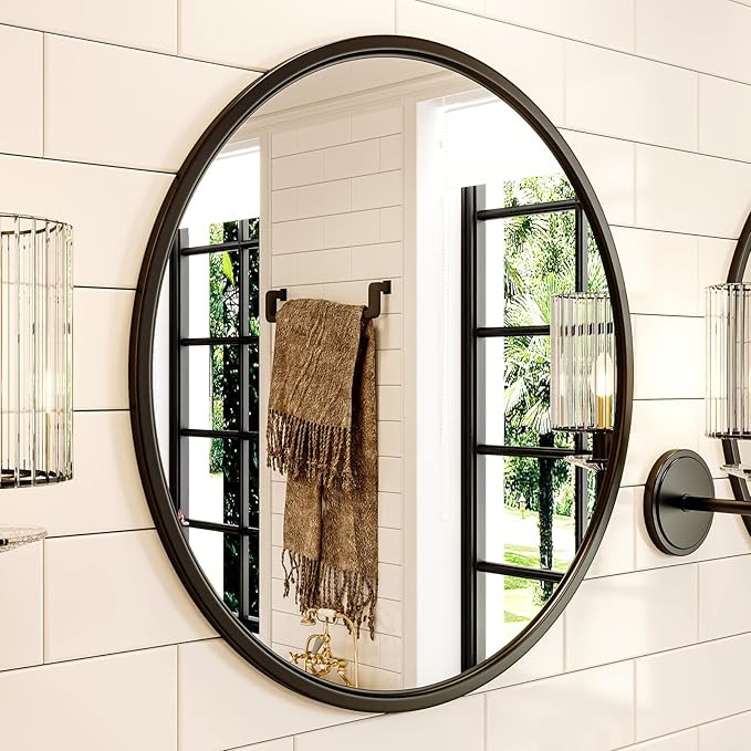 Growsun 15.7'' Black Round Mirror, Circle Wall Mirror for Bathroom Vanity, Entryway Living Room with Metal Frame for Home Decor
