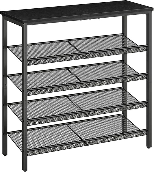 HOOBRO Shoe Rack for Entryway, 5-Tier Organizer with Adjustable Mesh Shelves, 16-20 Pairs, Spacious Floor Mount, Metal, Industrial, Closet Shoe Shelf, Black BB12XJ01