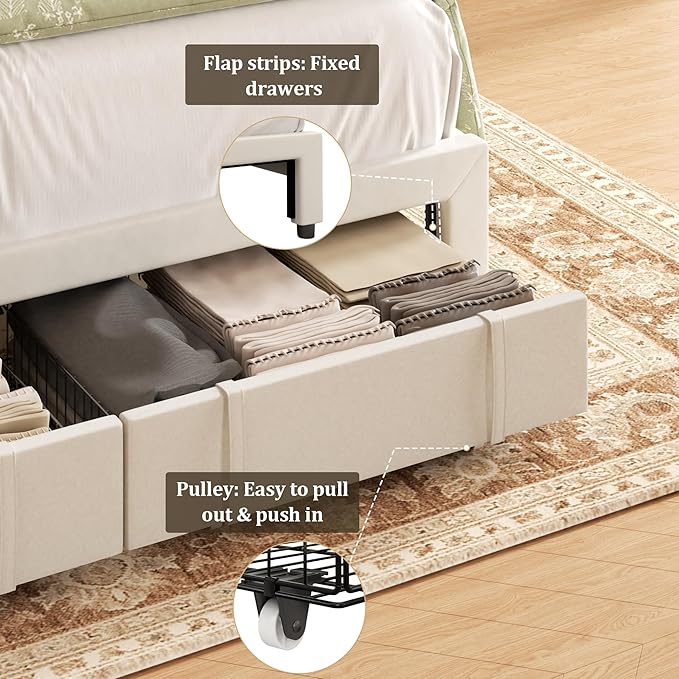Queen Bed Frame with Storage Drawers, Upholstered Platform Bed with Headboard and Wingboard, No Box Spring Needed, Noise Free, Easy Assembly, Wooden Support Slats, Beige