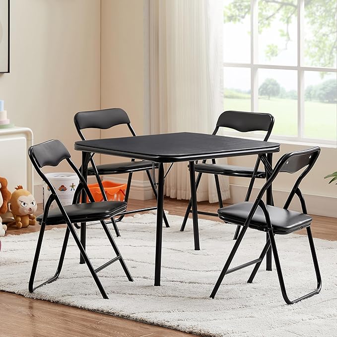 VECELO Kids Folding Activity Table and Chairs 5 Piece Set, Portable, with Ultra Soft Padded Cushion, Classic Black