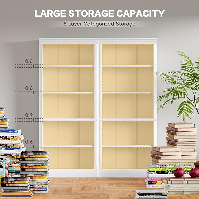 YESHOMY 72" Bookcase and Bookshelf, 5-Tier Wood Bookcases with Shelves, Tall Floor Standing Book Shelf Storage Cabinet Home Decor Furniture for Living Room, Home Office, White, 2 PCS