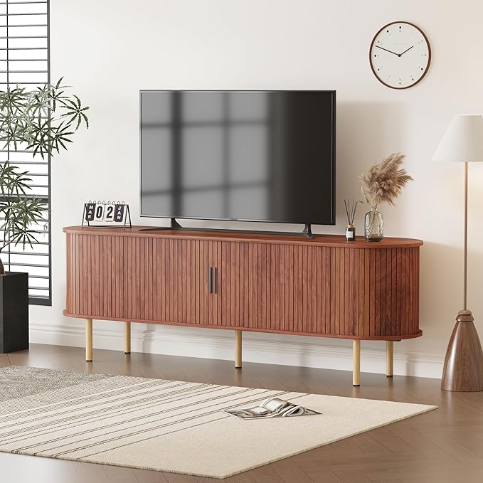 70.1" TV Stand, Modern TV Console Table with Storage Compartment and Sliding Door, Gaming Entertainment Center with Cabinet for Living Room, Bedroom, Office, Walnut