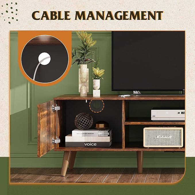 WLIVE TV Stand for 65 70 inch TV, Mid Century Modern TV Console, Entertainment Center with Storage for Living Room, Retro Brown