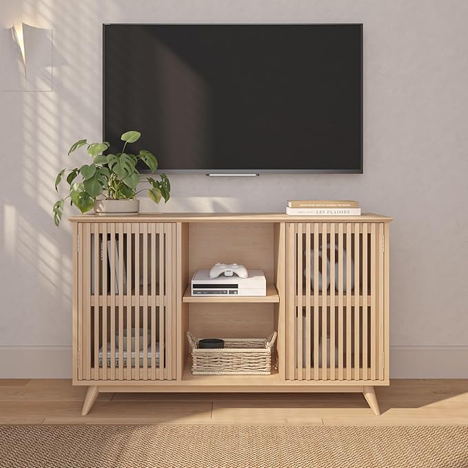 Plank+Beam Mid-Century Modern Wood TV Stand, Solid Wood Entertainment Console with Storage, 49" L x 16" W x 30" H, Blonde
