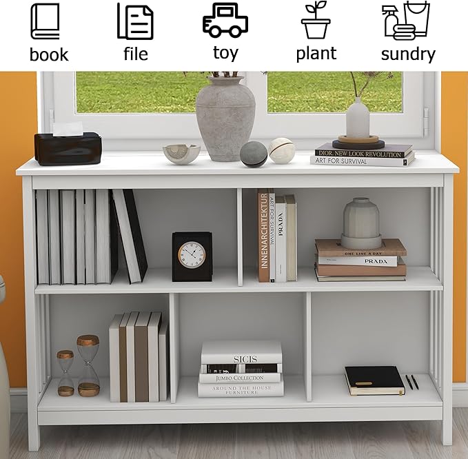 TaoHFE Horizontal Bookshelf - Modern Minimalist 2-Tier Book Shelf with Storage, Short Wide Wood Bookshelf for Classroom, Office, Living Room or Study, White