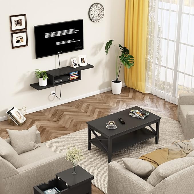 ChooChoo Floating TV Unit, Wall Mount Entertainment Center Media Console for Living Room, Bedroom, Black
