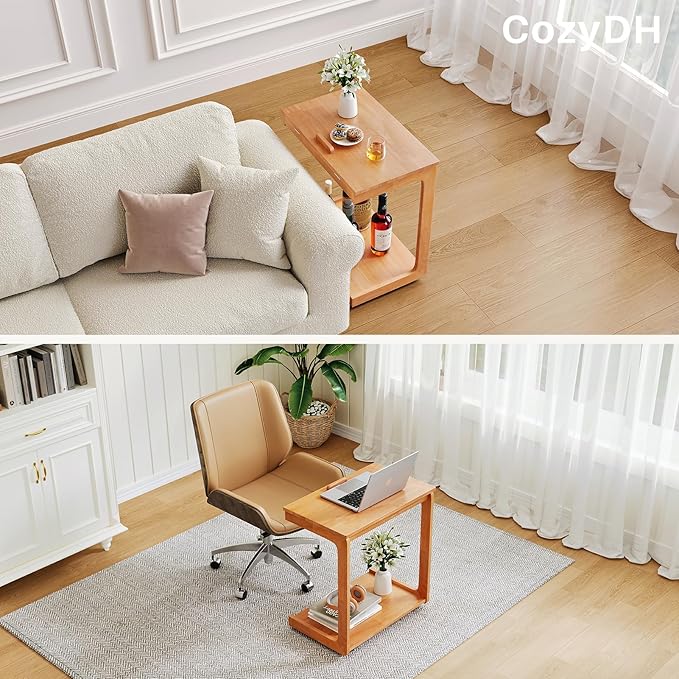 CozyDH Adjustable C Shaped End Table, Rolling Side Table Solid Wood TV Sofa Tray Table for Couch Arm Eating Multi-Purpose, Small Coffee Table with Wheels Living Room Bedroom, Cherry