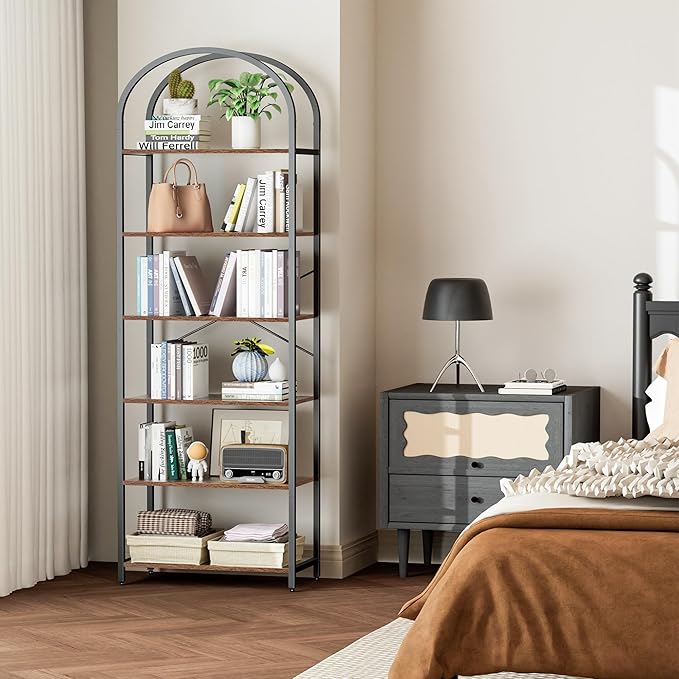 Homhedy 6-Tier Bookshelf Arched Display Racks, Wood and Metal Bookcase, Tall Bookshelf, Industrial Display Standing Shelf Unit, for Home Office, Living Room, Bedroom, Bathroom, Rustic Brown
