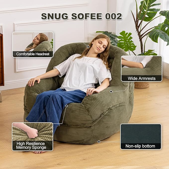 Giant Bean Bag Chair with Armrests - Oversized Cozy Seating for Adults, Corduroy Fabric & High - Density Foam Filling, Ideal Lounge for Living Room, Bedroom & Gaming Room (Olive Green)