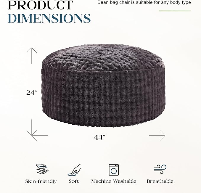 Hobestluk Bean Bag Chairs 4ft Beanbag Chair with Filler Adult Bean Bags with Fluffy & Machine Washable Cover, Giant Bean Bag Chairs for Adults (Dark Grey, 4FT-44" x 44" x 24")