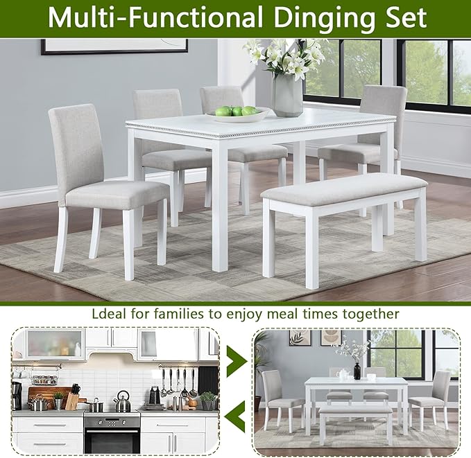 KEIKI 6-Piece Standard Height Dining Table Set with Rectangular Table, 4 Upholstered Chair, Bench, for 6 Person, Modern Crystal Decoration Table Set, Easy Assembly, for Kitchen, Dining Room, White