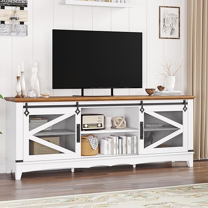 IDEALHOUSE Modern TV Stands for Living Room, 65 Inch TV Stand Entertainment Center with Storage and Sliding Barn Doors, Media TV Console Cabinet with Adjustable Shelf (White)