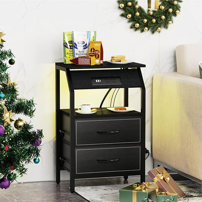End Table with Light, LED Nightstand with 2 Drawers and Type C Charging Station, Small Fabric Dresser for Bedside, Storage Side Table for Living Room, Dorm, Black
