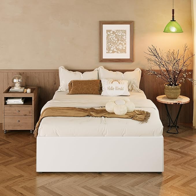 EMODA 18 Inch King Bed Frame with White Fabric Cover, Heavy Duty Metal King Platform Bed Frame No Box Spring Needed, Noise Free, Easy Assembly