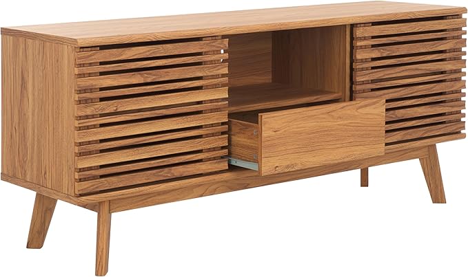 SAFAVIEH ESMA TV Stand for up to 60" Flatscreen – Oak Brown, Low Sideboard with 2 Sliding Doors, 1 Open Shelf, 1 Drawer, Entertainment Media Console (MED9638D)