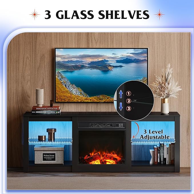 WLIVE 58 Inches Fireplace TV Stand with LED Lights, Modern Entertainment Center with 18'' Electric Fireplace & Adjustable Glass Shelves, Sturdy Media Console for Living Room, Bedroom,Gaming (Black)