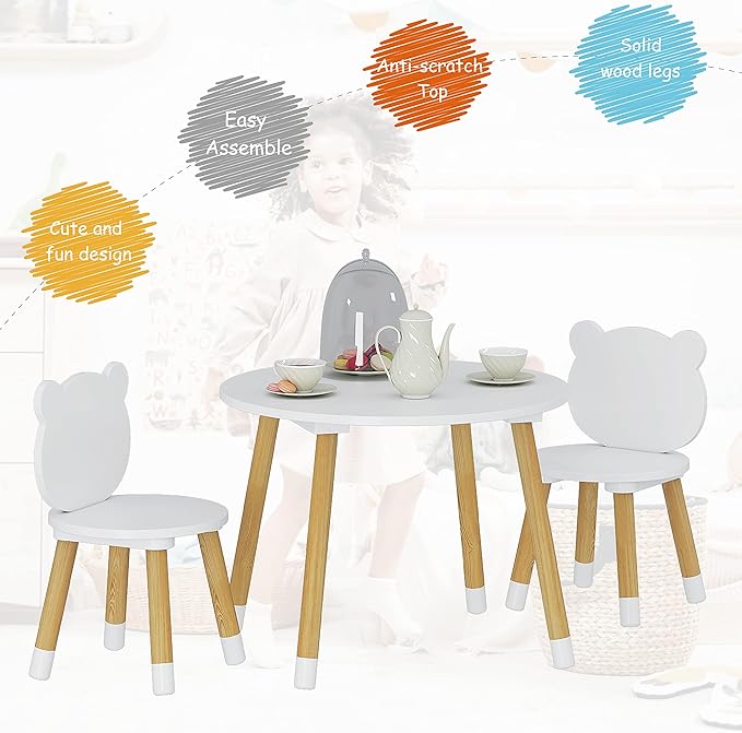 UTEX Kids Wood Table and Chair Set, Kids Play Table with 2 Chairs,3 Pieces Kids Round Table for Toddlers, Girls, Boys,White