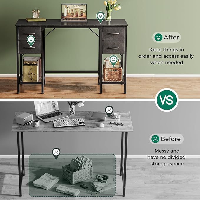 Huuger 47 Inch Computer Desk with 4 Drawers, Office Desk with Mesh Shelf, Gaming Desk, Large Storage, Writing Work Desk for Home Office, Study, Bedroom, Work from Home, Black