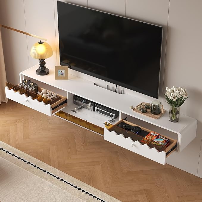 Floating TV Stand, 70IN Fully-Assembled Wall Mounted Wave Glass with Flip-Down Door & Drawers, Modern Media Entertainment Console Under TV Shelf for Livingroom