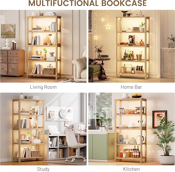 Vlsrka 5 Tier Wooden Bookshelf with Lights, 65" Tall Open Bookcase Storage Rack, Modern Bookshelf with Storage, Free Standing Display Book Shelves for Living Room, Home Office, Brown
