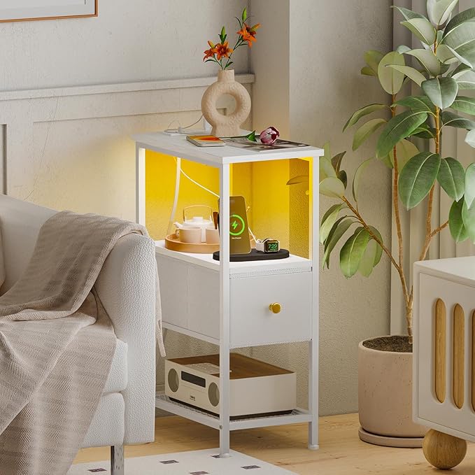 Fixwal Narrow Side Table with Charging Station and LED Light, Skinny Nightstand with 1 Fabric Drawer, Slim End Table for Bedroom, Dorm, Small Space, White