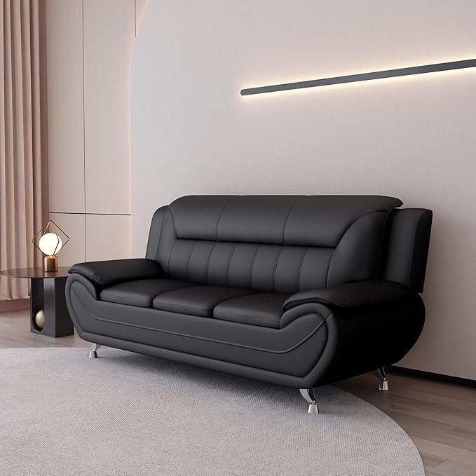 Container Furniture Direct Michael Modern Faux Leather Upholstered Stainless Steel Legs Living Room Sofa, Loveseat, Black