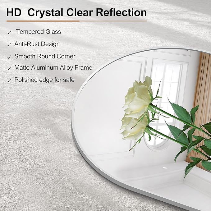 Arched Bathroom Mirror, 26"x38" Silver Arched Mirror for Bathroom, Wall Mounted Mirror, Black Vanity Wall Mirror w/Metal Frame for Bedroom, Entryway, Living Room, Hanging or Leaning Against Wall