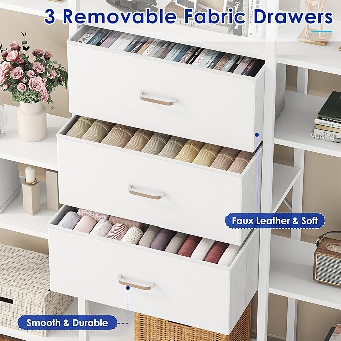 73.6" Tall Bookshelf with 3 Drawers and 16 Storage Shelves, Industrial Bookcase with 16 Open Display Shelves, Large Etagere Bookshelf, Triple Wide Book Shelf Book Case for Home & Office, White