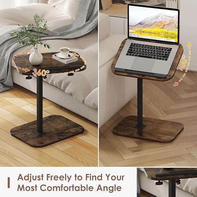 Sofa Couch Arm Table Tv Tray Small Bed Stand C Shaped Side End Tables for Living Room, Bedroom, Bedside Rustic