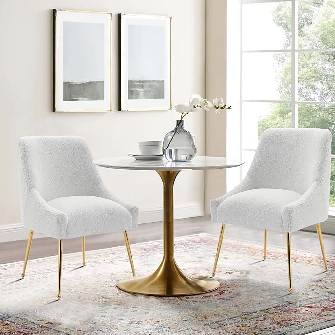Dining Chairs Medieval Modern Restaurant Chairs, Soft Cushions, Teddy Velvet, Polished Gold Metal Legs, Kitchen Chairs, Living Room White 6-Piece Set