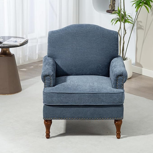 Ball & Cast Accent Chair with Nailhead Trim Armchair,Comfy Chenille Club Sofa Living Room Chairs w/Springs Cushions & Wood Legs,Traditional Single Couch for Bedroom,Farmhouse,Grey