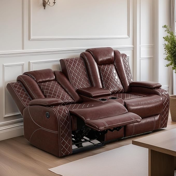 Loveseat Recliner Sofa, Reclining Loveseat Leather Couch with Storage Console, Modern Comfy Home Theater Seating Power Recliner Chair with Cup Holders for Living Room Furniture Sets, Red