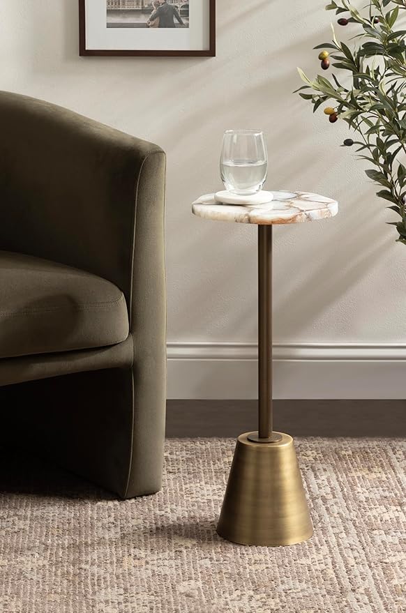 Kate and Laurel Tira Elegant Wavy Round Drink Table, 10 x 10 x 24, Natural Agate and Antique Brass, Vintage Scalloped Circular Mini Table with One-of-a-Kind Stone Tabletop for Indoor Plant Stand