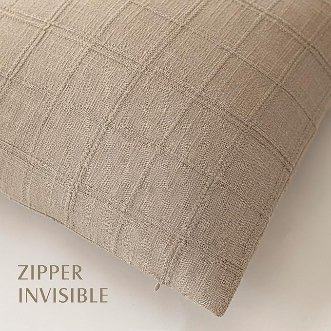 Foindtower Set of 2 Decorative Linen Check Throw Pillow Covers Neutral Farmhouse Lumbar Cushion Covers Modern Coastal Boho Home Decor for Sofa Chair Couch Bedroom Living Room Outdoor,12×20 Inch,Camel