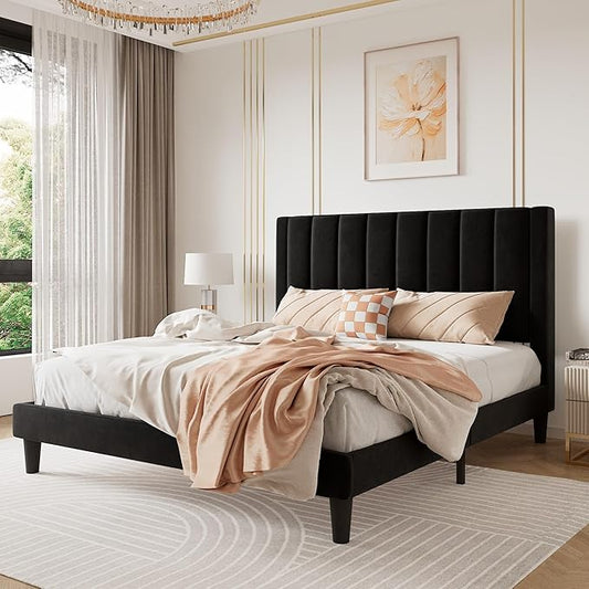 SHA CERLIN Queen Bed Frame/Velvet Upholstered Platform Bed Frame with Headboard/Strong Wood Slats Support/Mattress Foundation/No Box Spring Needed - Black