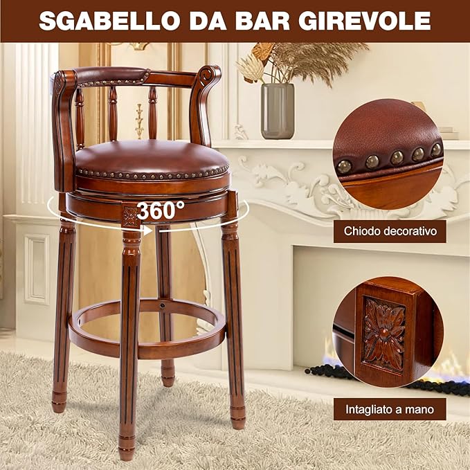 Cow top Leather Wooden Bar Stools, 360 Degree Swivel Bar Height Chair with Backs for Home Kitchen Counter, Morden Chair Barstools (Brown 1pc, Bar Height-Seat Height 29.5”)