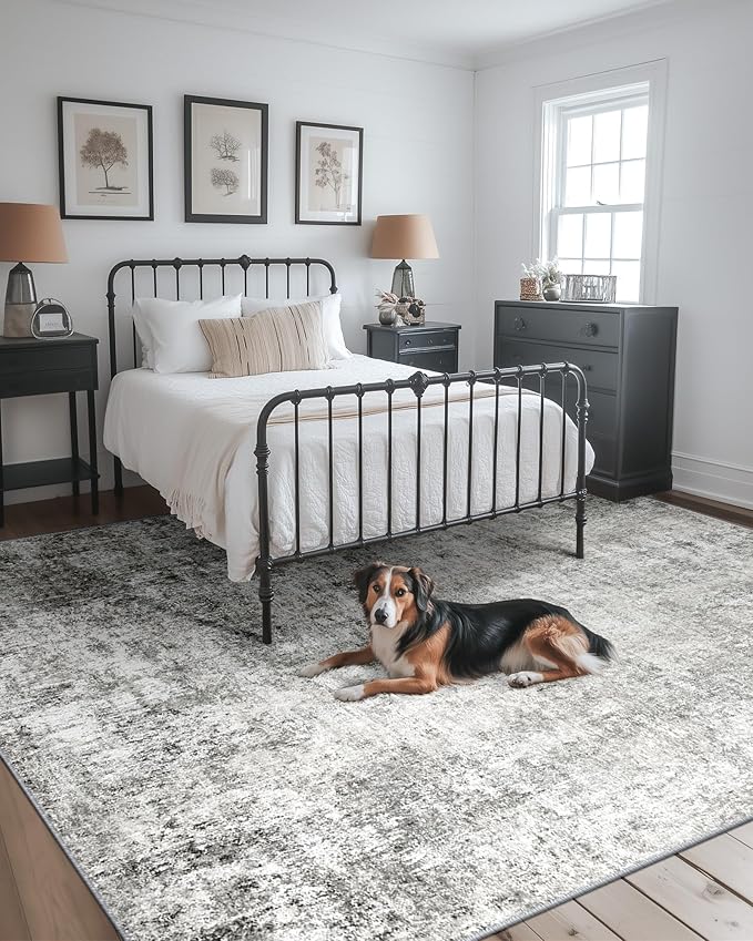 Washable Area Rugs 8'x10' Non-Slip Modern Abstract Soft for Living Room Entryway Bedroom Nursery, Print Pattern, Gray White Grey