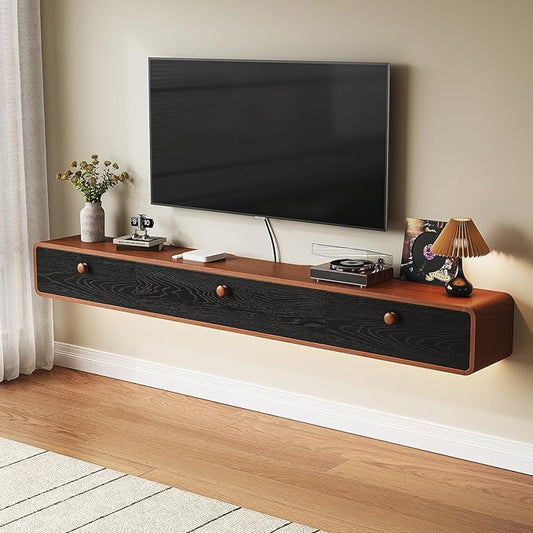 Minimalist 55'' Floating TV Stand with 3 Doors,Solid Wood Wall Mounted TV Console,Floating Entertainment Center with Hidden Storage,Curved Round Edges,Natural Wood Finish(Walnut)