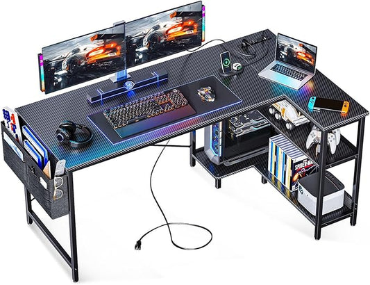 ODK 55 Inch L Shaped Gaming Computer Desk with Power Outlets, Corner Desk with Reversible Storage Shelves & PC Stand for Small Space, Modern Simple Home Office Table, Carbon Fiber Surface, Black