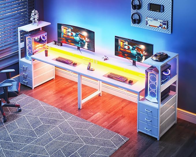 AODK 59 Inch Gaming Desk with USB Charging Ports & LED Light- Reversible Computer Desk with Storage Shelves & Monitor Stand, Modern Gamer Desk Table with Fabric Drawers & Side Hook, Carbon Fiber White