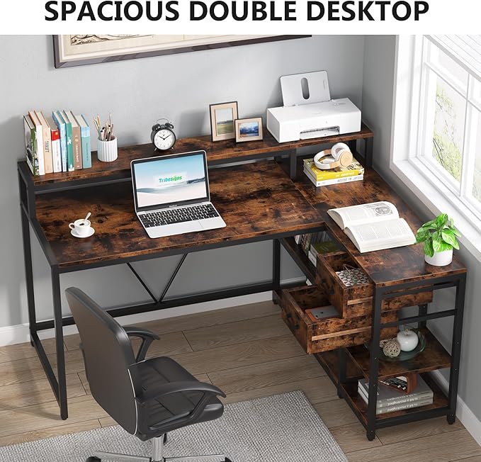 Tribesigns Reversible L Shaped Desk with Drawer, Brown Corner Desk with Storage Shelves and Monitor Stand, Writing Table for for Small Space (Rustic)